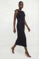 Black bow shoulder midi dress in matte crepe, alternate view