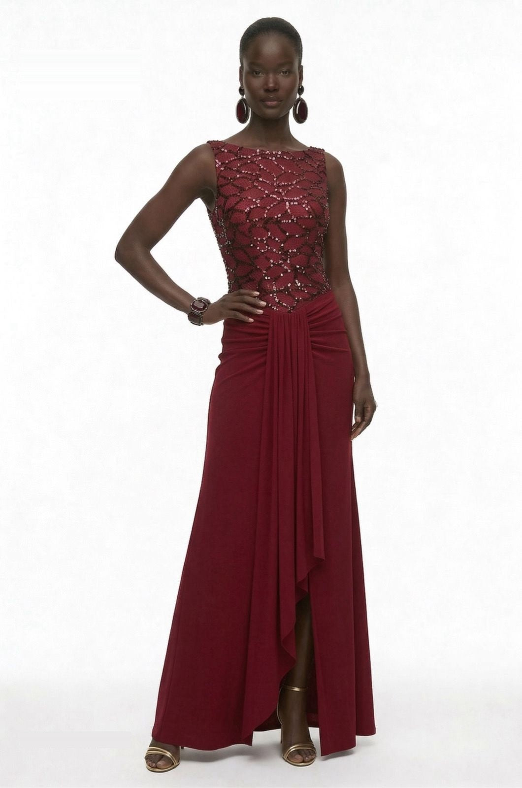 Burgundy beaded evening gown with high front slit by Lord & Taylor Heritage, side angle