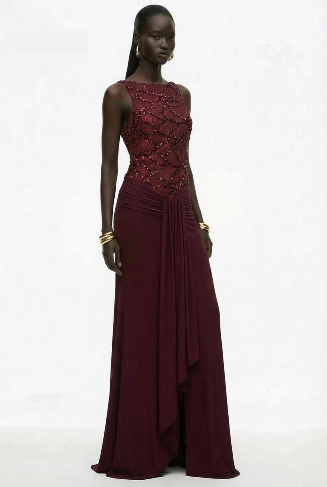 Burgundy evening gown cascading ruffle panel and draped skirt detail by Lord & Taylor Heritage