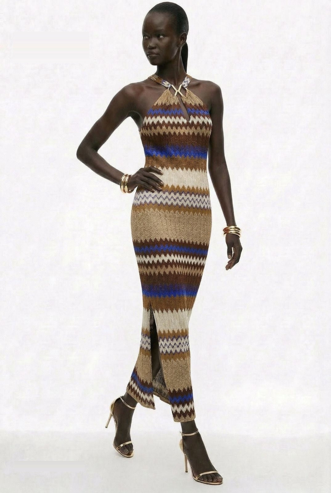 Brown multi chevron-knit halter maxi dress by Lord & Taylor Heritage, alternate view