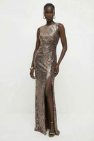 Khaki sequin column gown product shot by Lord & Taylor Heritage