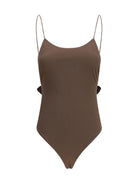 Brown Jacquemus Cabana one-piece swimsuit with ruffle back, front view