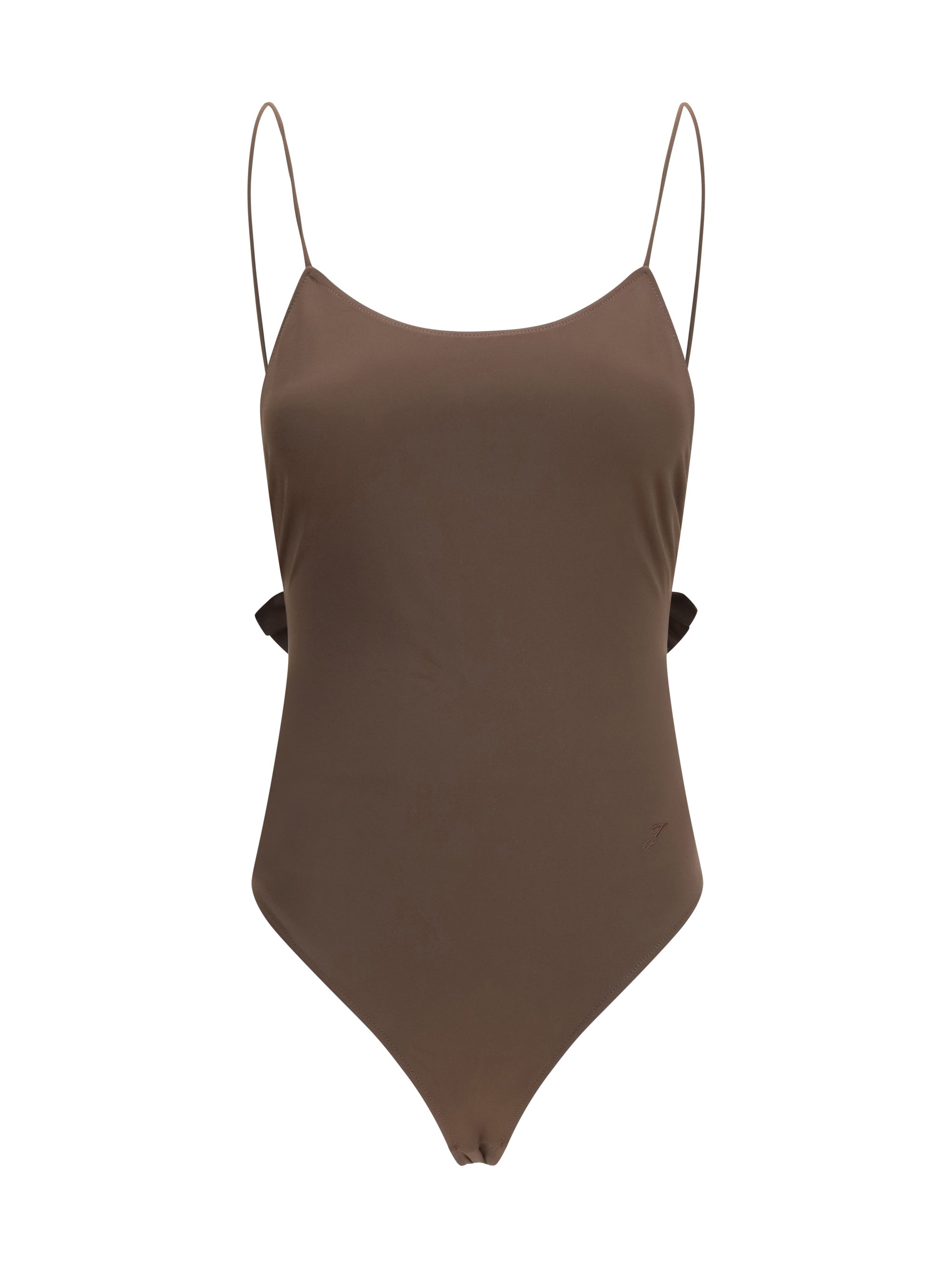 Brown Jacquemus Cabana one-piece swimsuit with ruffle back, front view