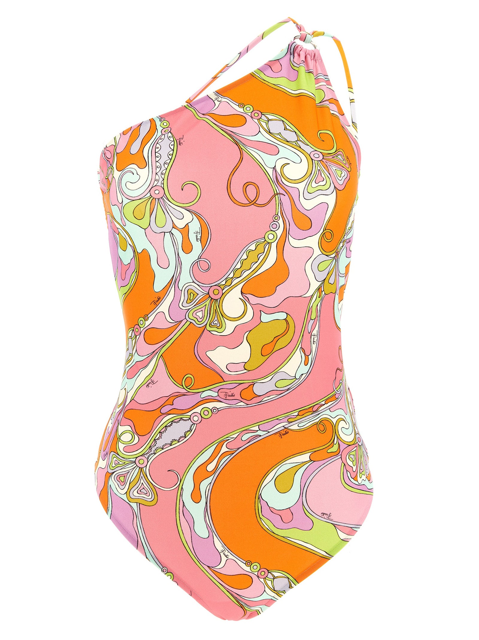 Multicolor Orchidee print one-piece swimsuit with asymmetric strap by Emilio Pucci, front view