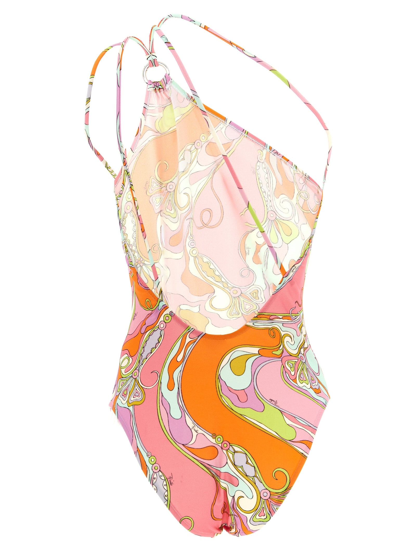 Multicolor Orchidee print one-piece swimsuit by Emilio Pucci, back view showing asymmetric design