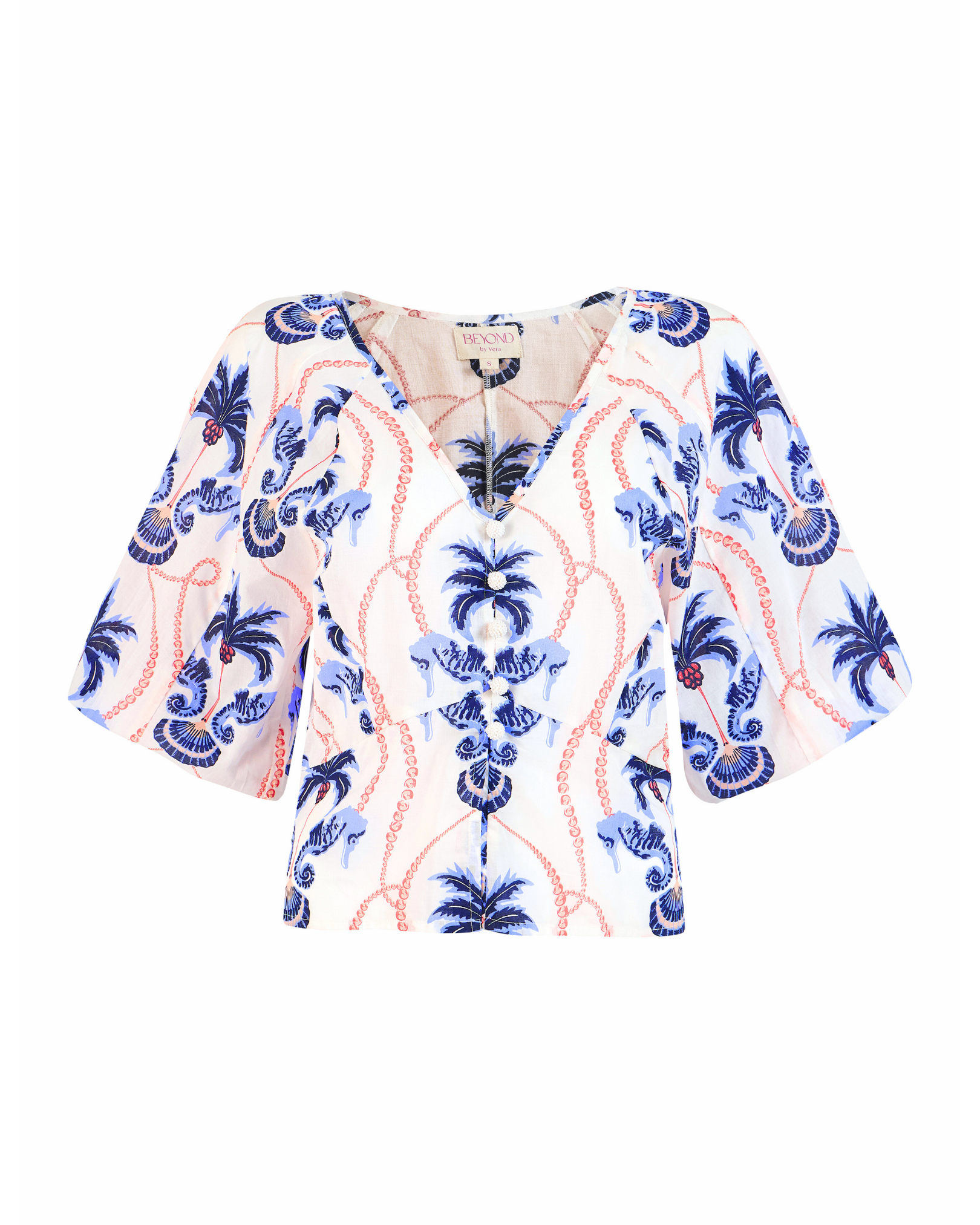 Floral cotton poplin blouse with pearl buttons by Beyond by Vera, flat lay