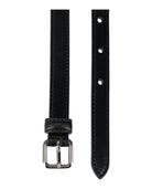 Black calfskin leather double wrap belt by Alexander McQueen, detail view of prong closure