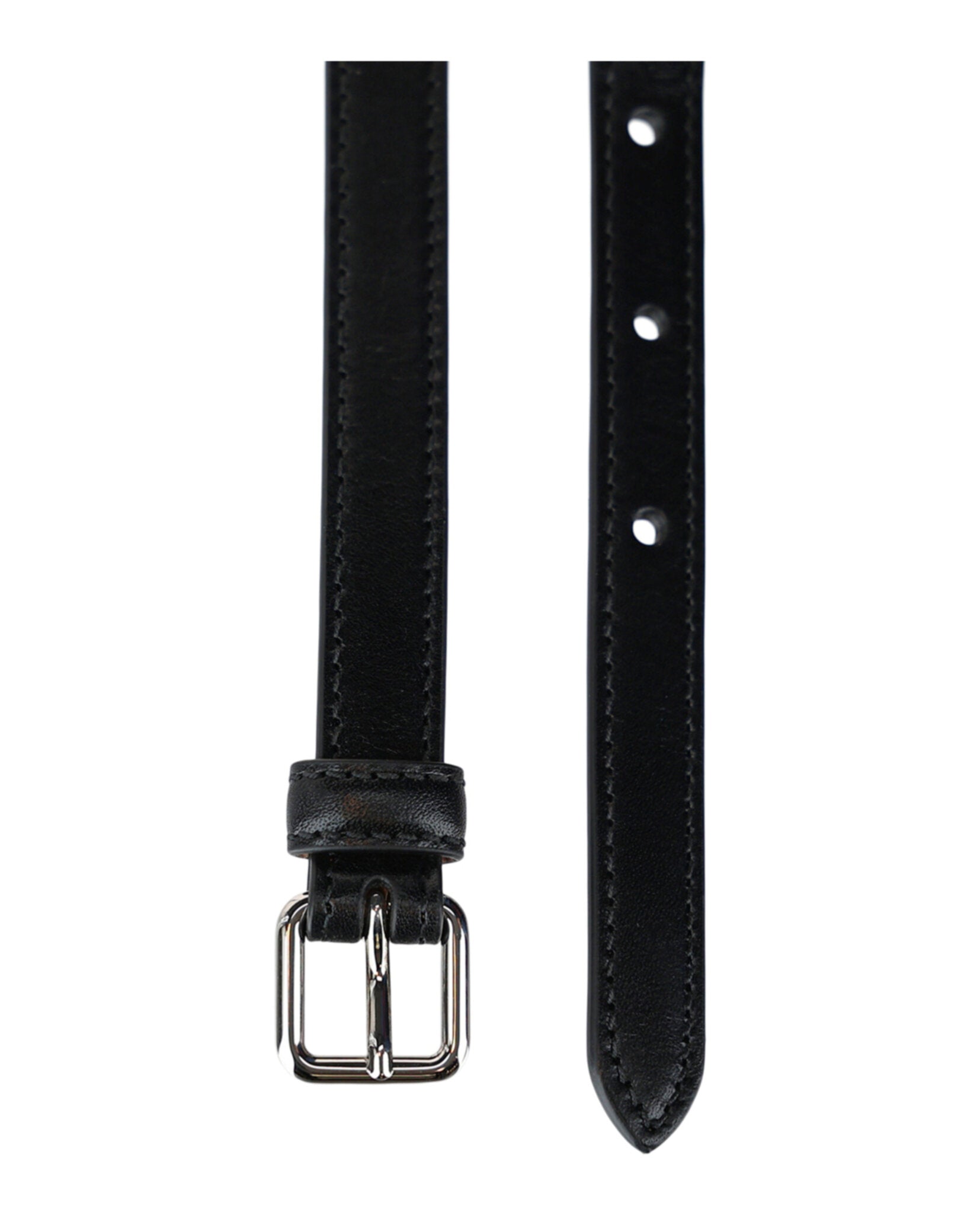 Black calfskin leather double wrap belt by Alexander McQueen, detail view of prong closure