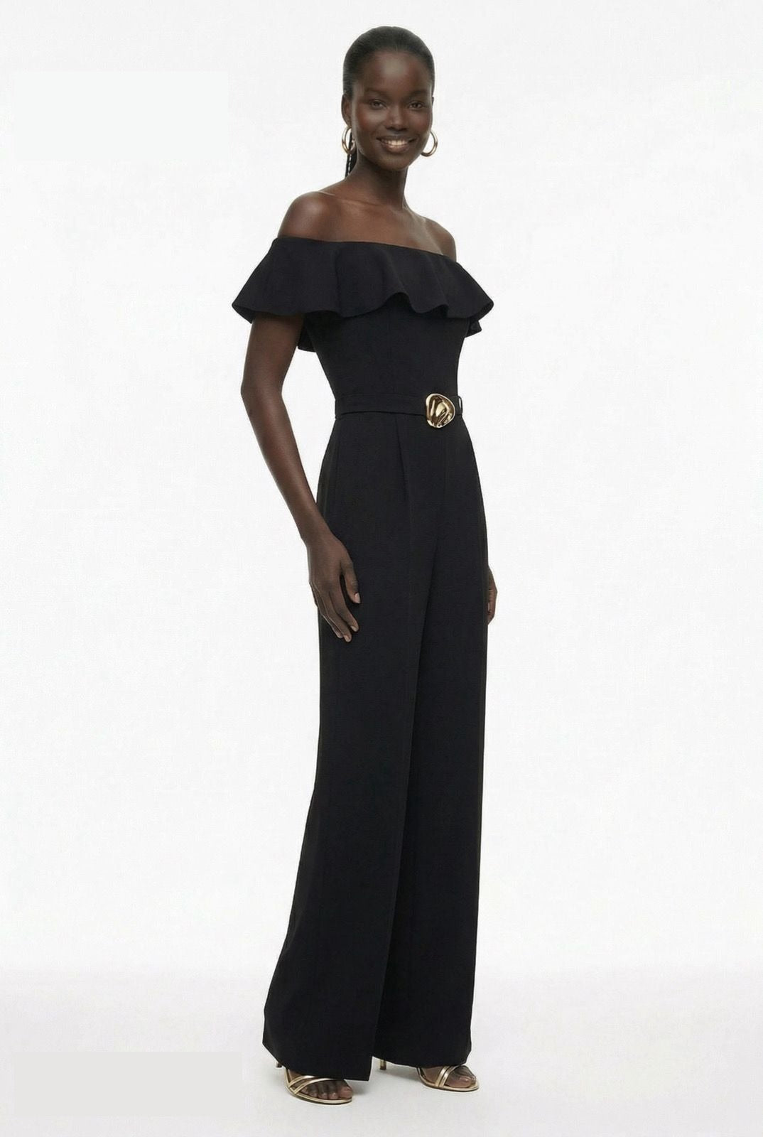 Lord & Taylor Heritage black off-shoulder jumpsuit with gold belt buckle