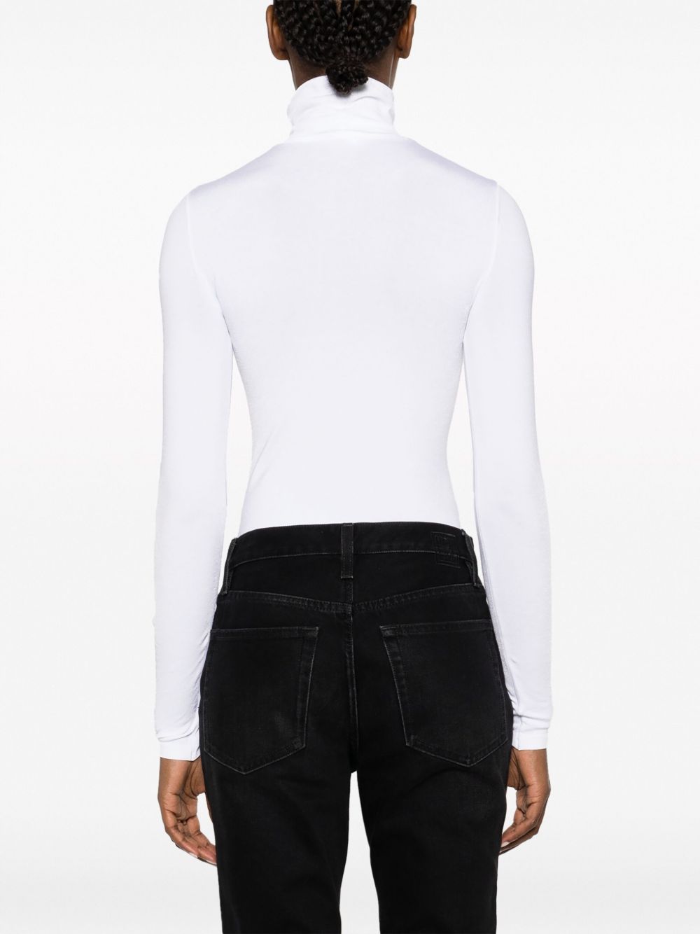 White ribbed bodysuit with high neck by Wolford, detail view