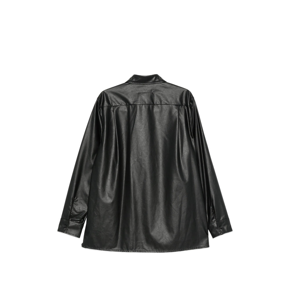 Black MM6 Maison Margiela coated shirt with classic collar, detail view