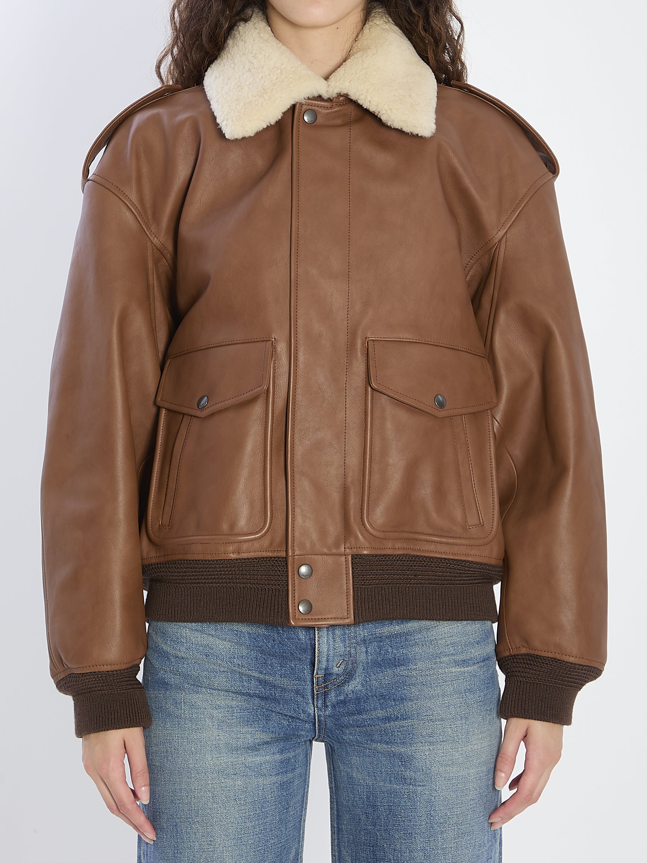 BOMBER JACKET IN HAMMERED LEATHER AND SHEARLING Saint Laurent BROWN 38