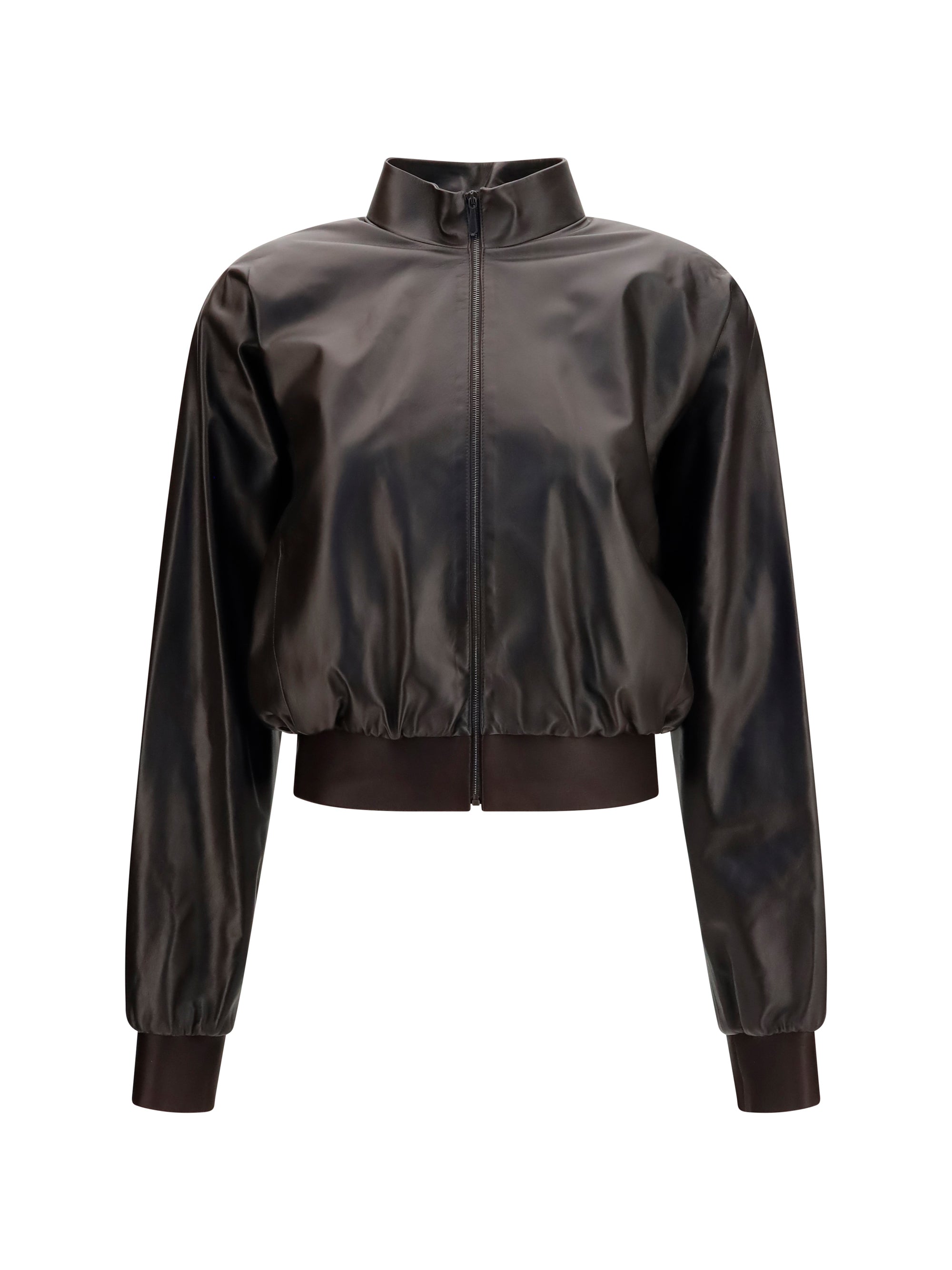 Dark chocolate nappa leather bomber jacket by Gucci, front view