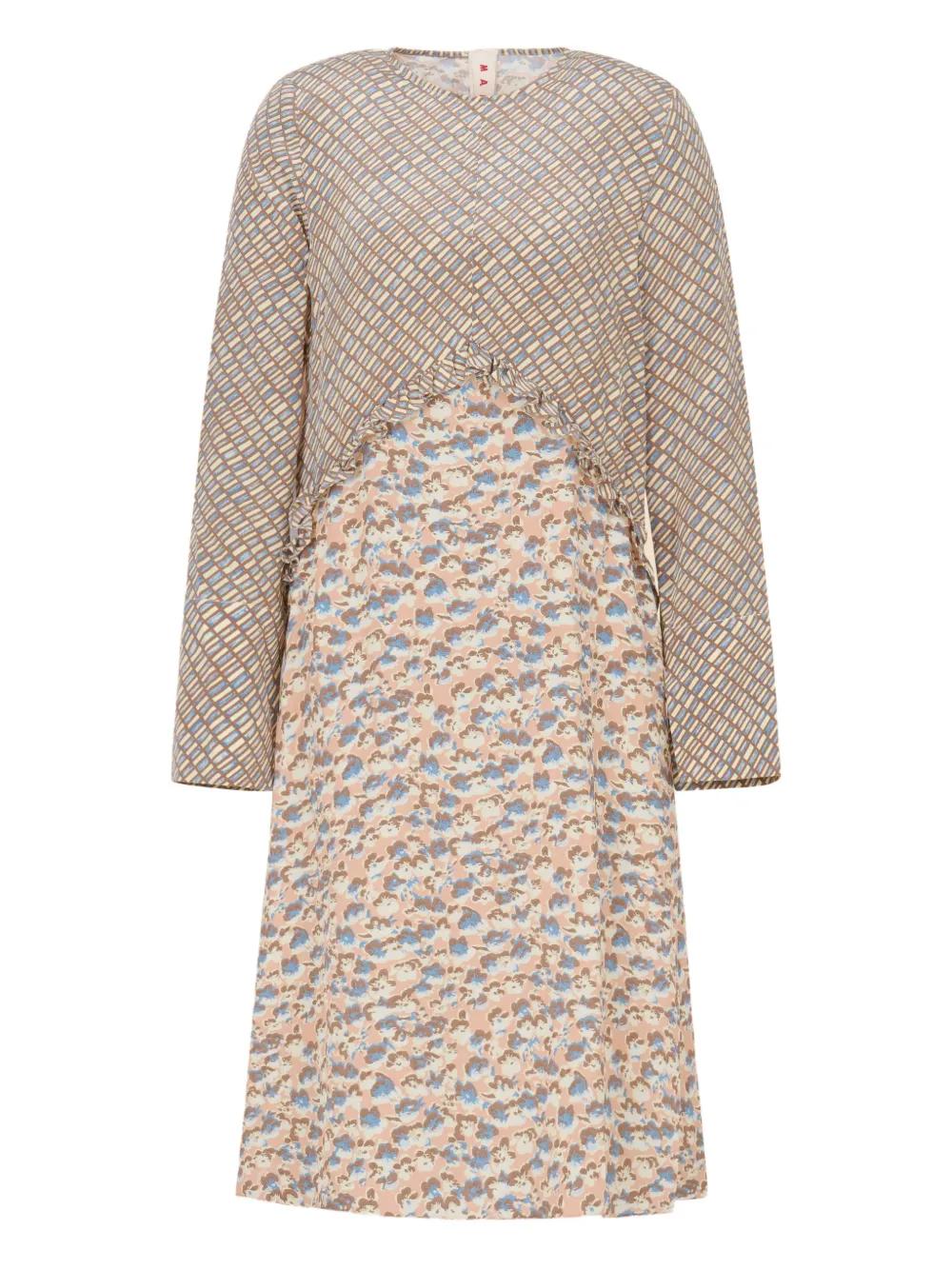 Marni - Pink And Beige Crpe de Chine Dress With Criss Cross And Anemones Print - Dresses - Woman - Size: 44 Marni - Pink And Beige Crpe de Chine Dress With Criss Cross And Anemones Print - Dresses - Woman - Size: 44