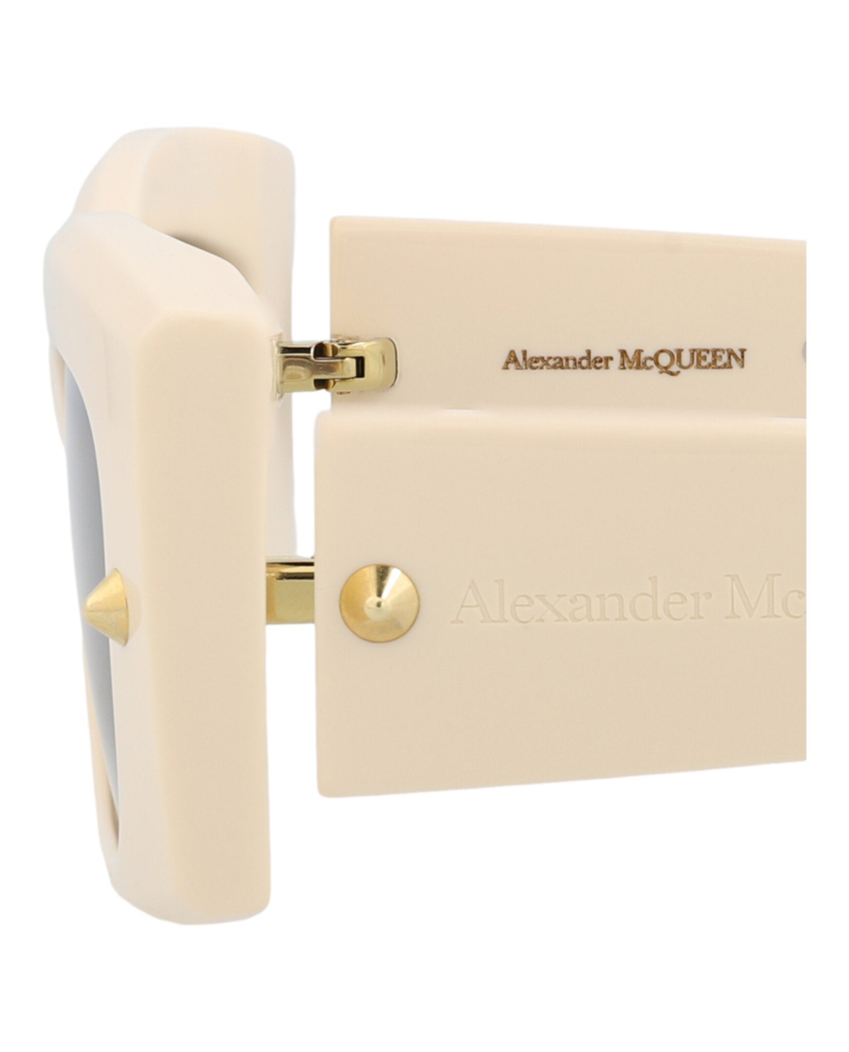 Alexander McQueen square sunglasses with studded accents, close-up detail