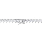 Sterling silver tennis necklace with heart-cut white sapphires, back view showing clasp