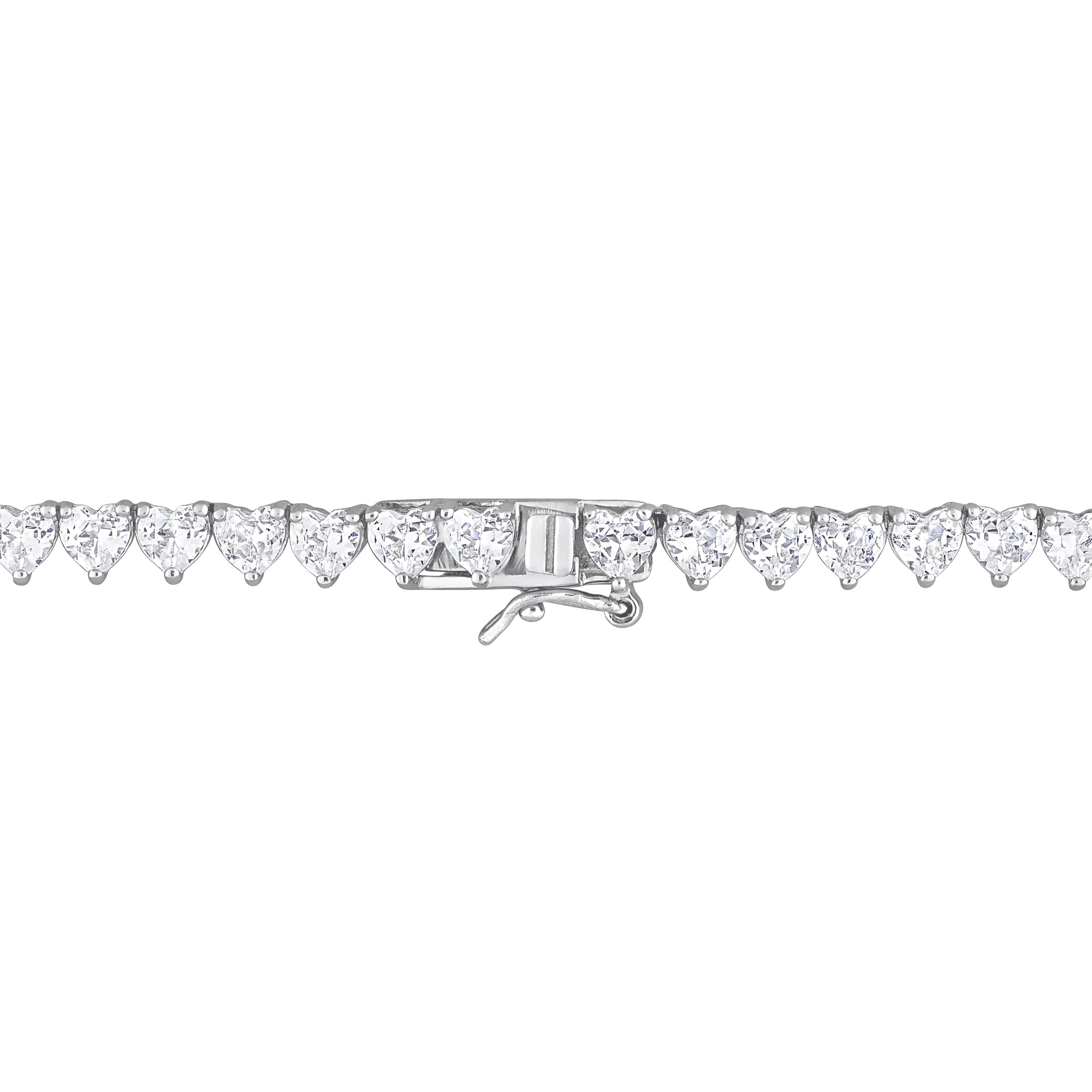 Sterling silver tennis necklace with heart-cut white sapphires, back view showing clasp
