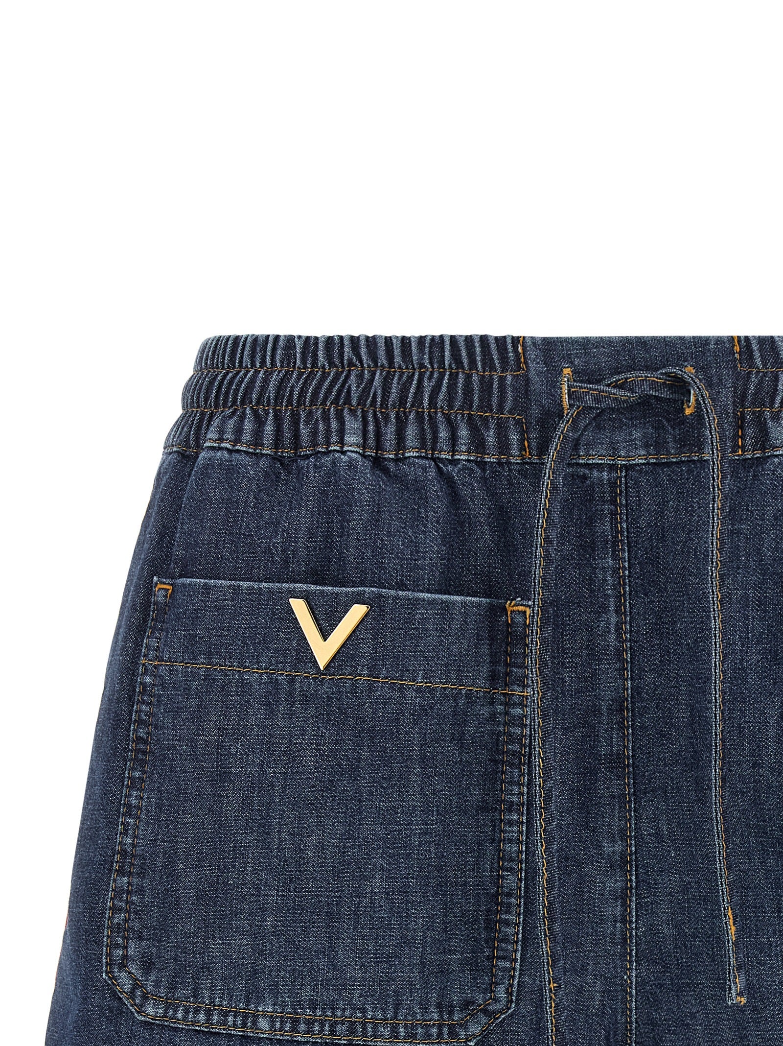 Blue chambray denim shorts with elastic waistband, back view by Valentino Garavani