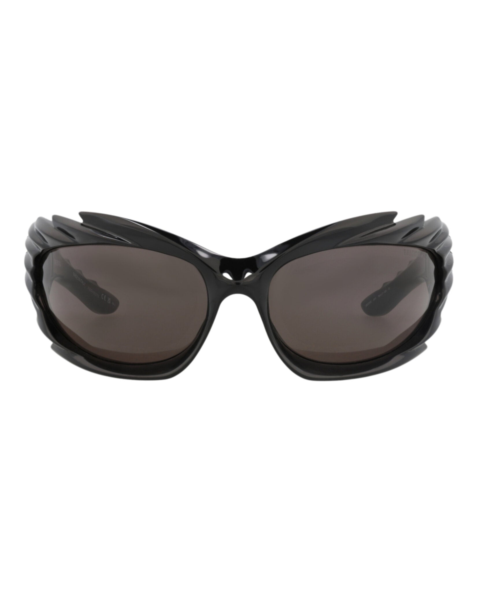 Black geometric shield sunglasses with spike detail by Balenciaga, front view