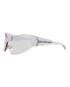 Black Balenciaga shield sunglasses, side profile showing 125mm temple