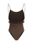 Brown Jacquemus Cabana one-piece swimsuit with embroidered J logo, side view