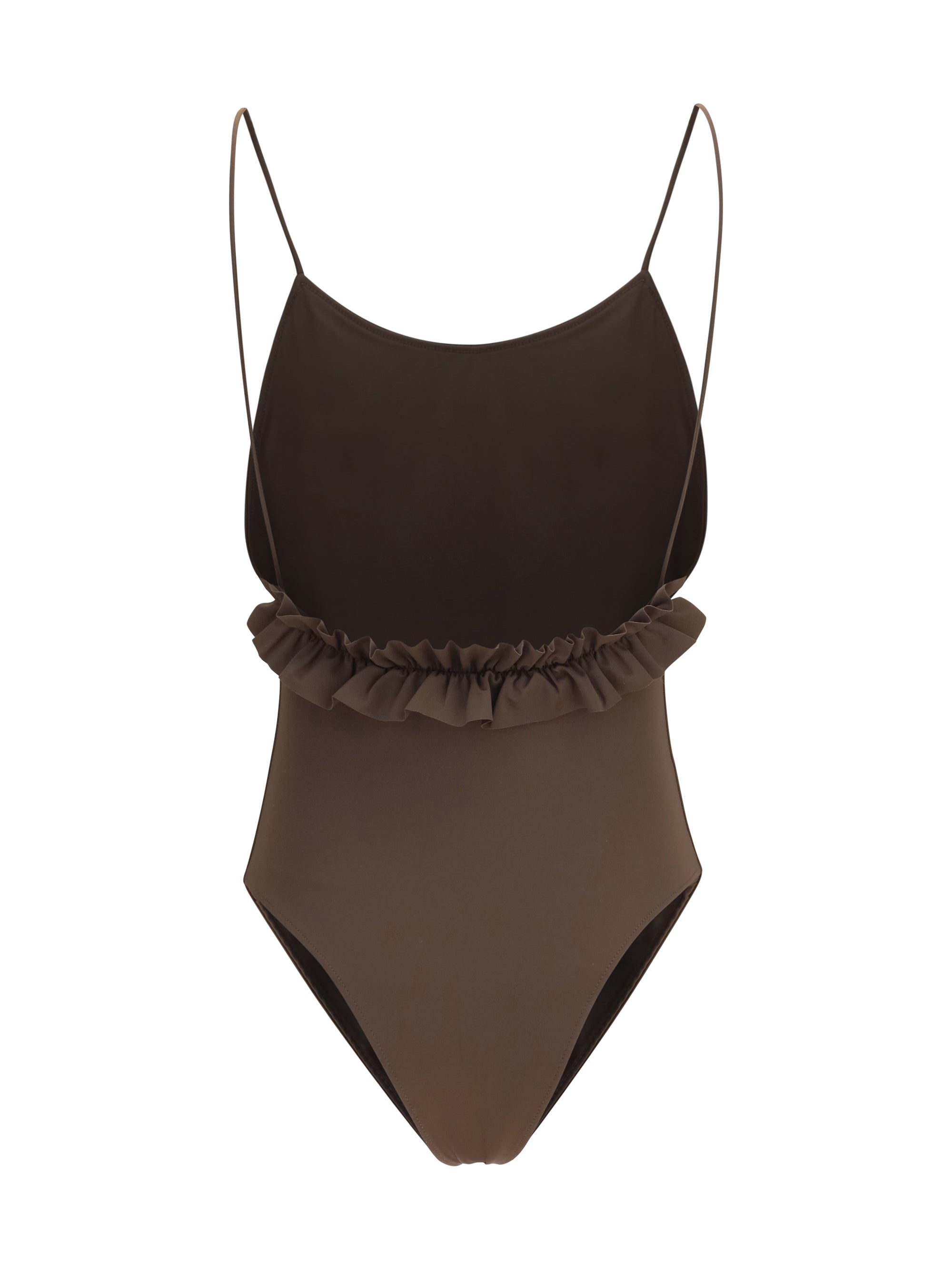 Brown Jacquemus Cabana one-piece swimsuit with embroidered J logo, side view