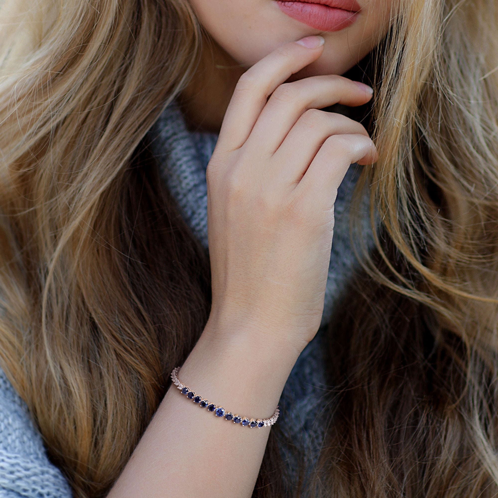 Blue created sapphire tennis bracelet lifestyle shot by Lord & Taylor
