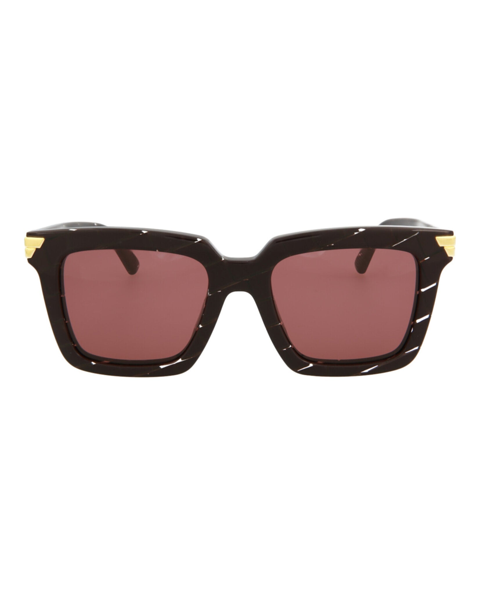 Black acetate rectangle sunglasses with gold hardware by Bottega Veneta, front view