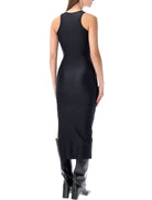 Black Coperni technical fabric dress with crew neckline, angled view