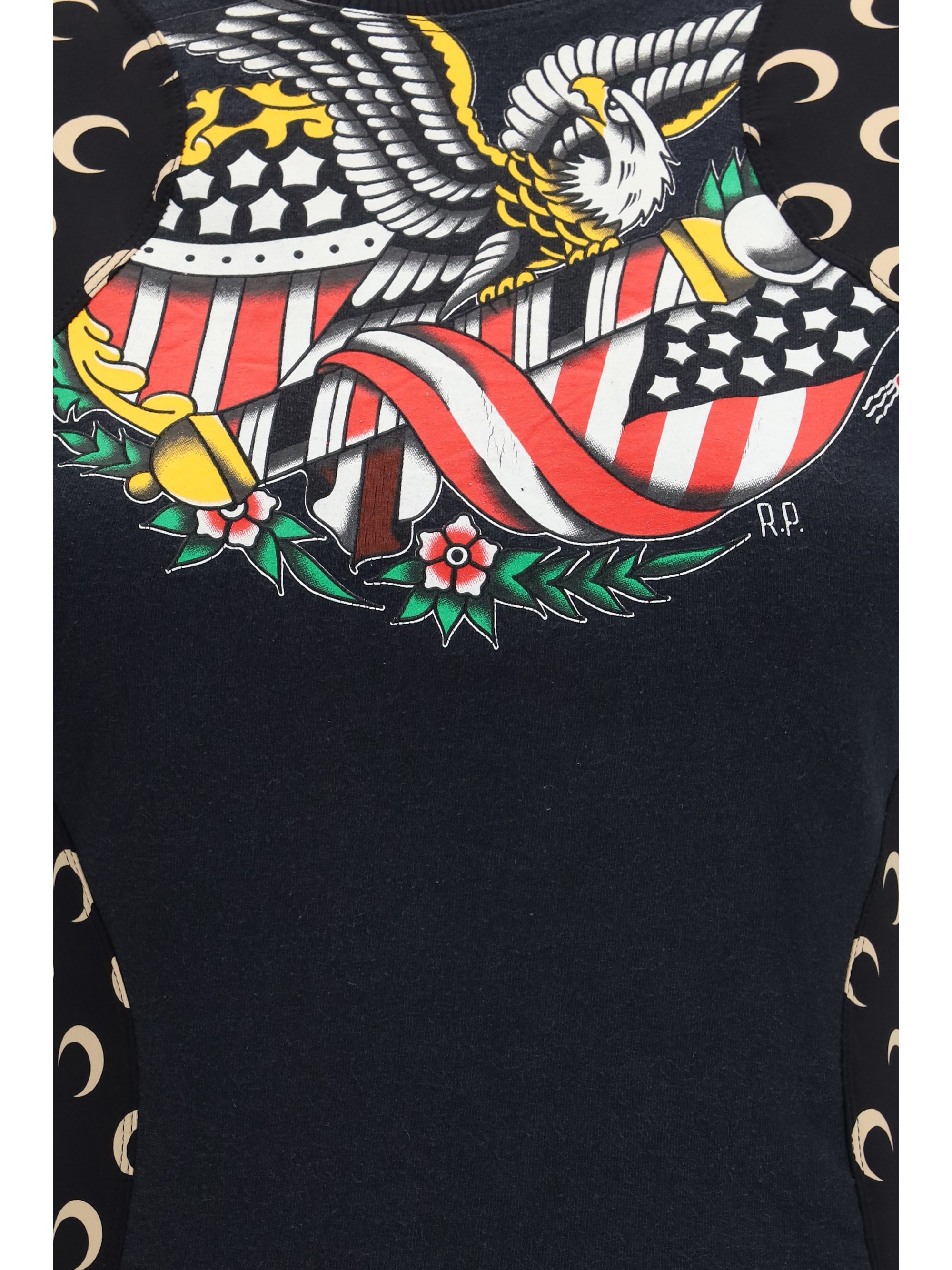 Black Marine Serre fitted dress, detail of regenerated logo panel