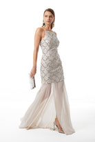 Silver scalloped sequin pattern on ecru maxi dress, detail view