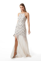 Ecru sequin slip dress with square halter neckline, side angle view