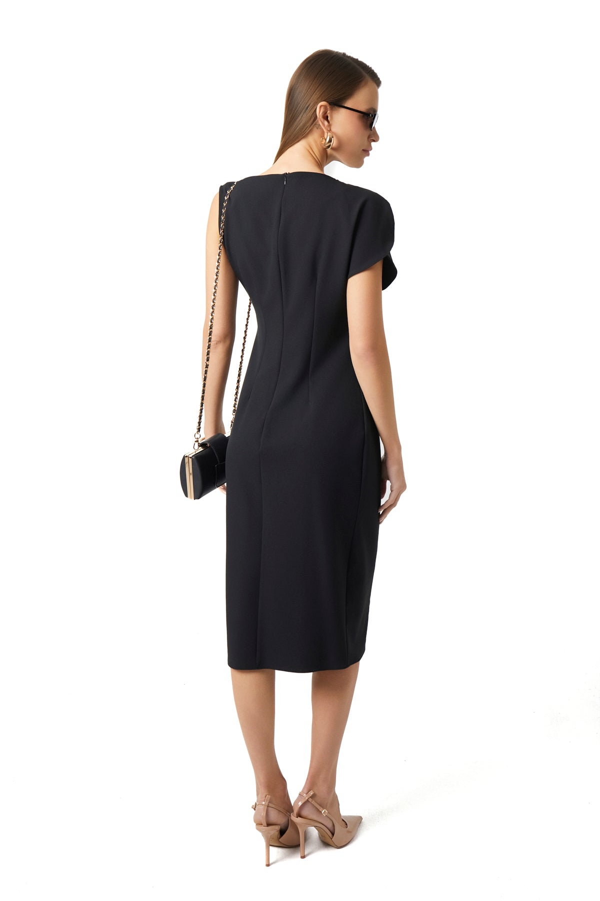 Black pencil midi dress side angle showing pleated shoulder detail by Lord & Taylor Heritage