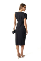 Black pencil midi dress side angle showing pleated shoulder detail by Lord & Taylor Heritage