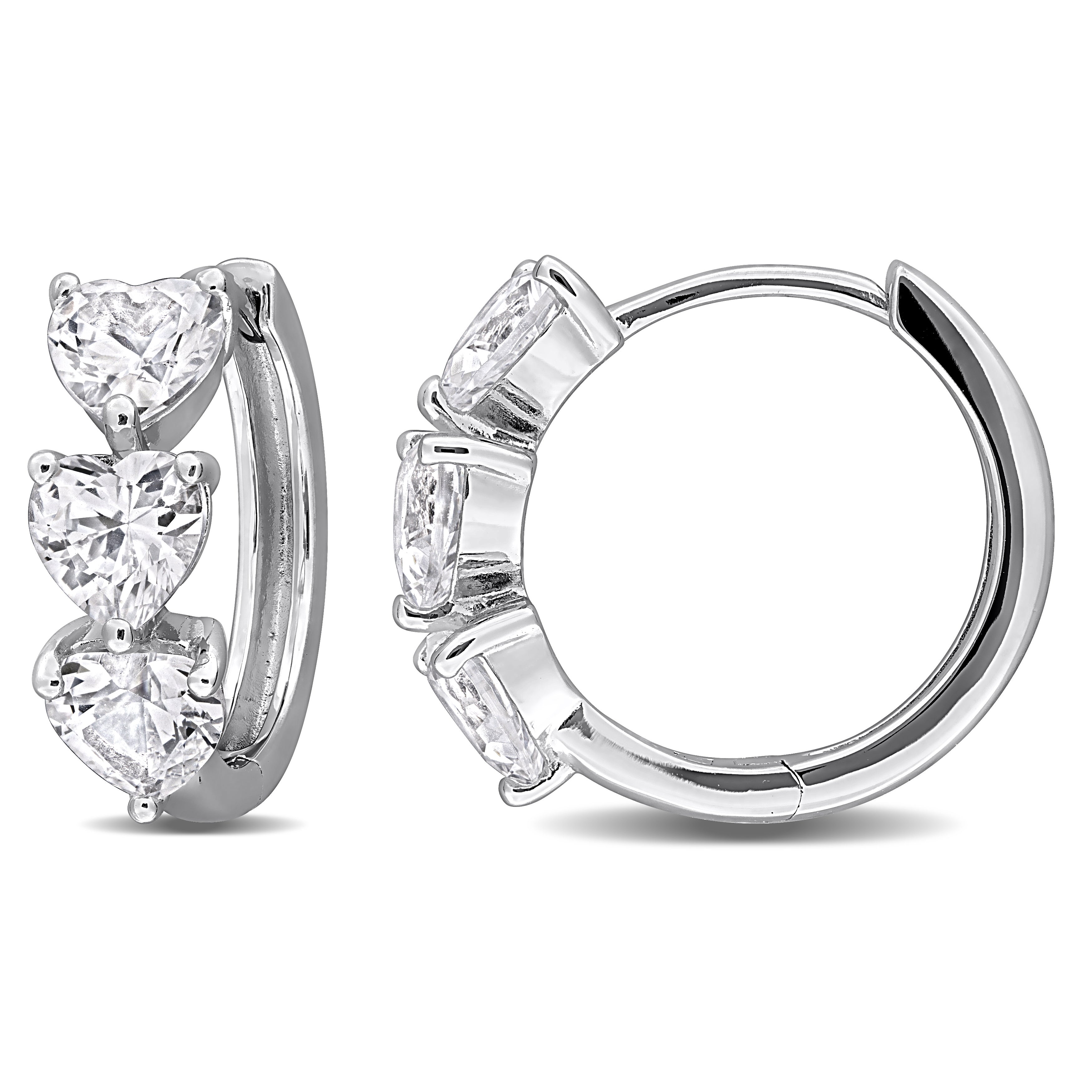 Created white sapphire heart gemstone huggie earrings in sterling silver, front view by Lord & Taylor