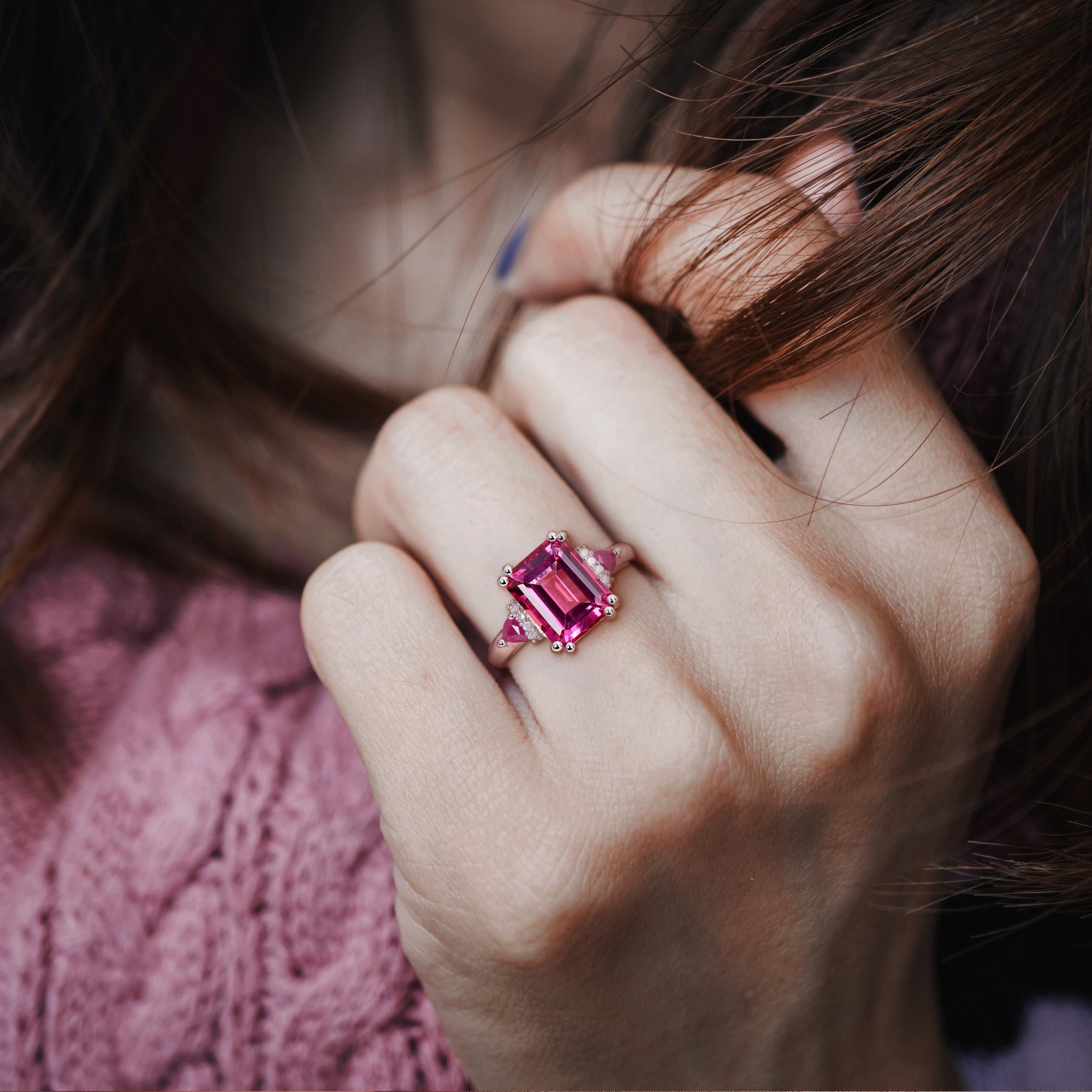 Pink topaz and ruby ring by Lord & Taylor worn on hand, lifestyle view