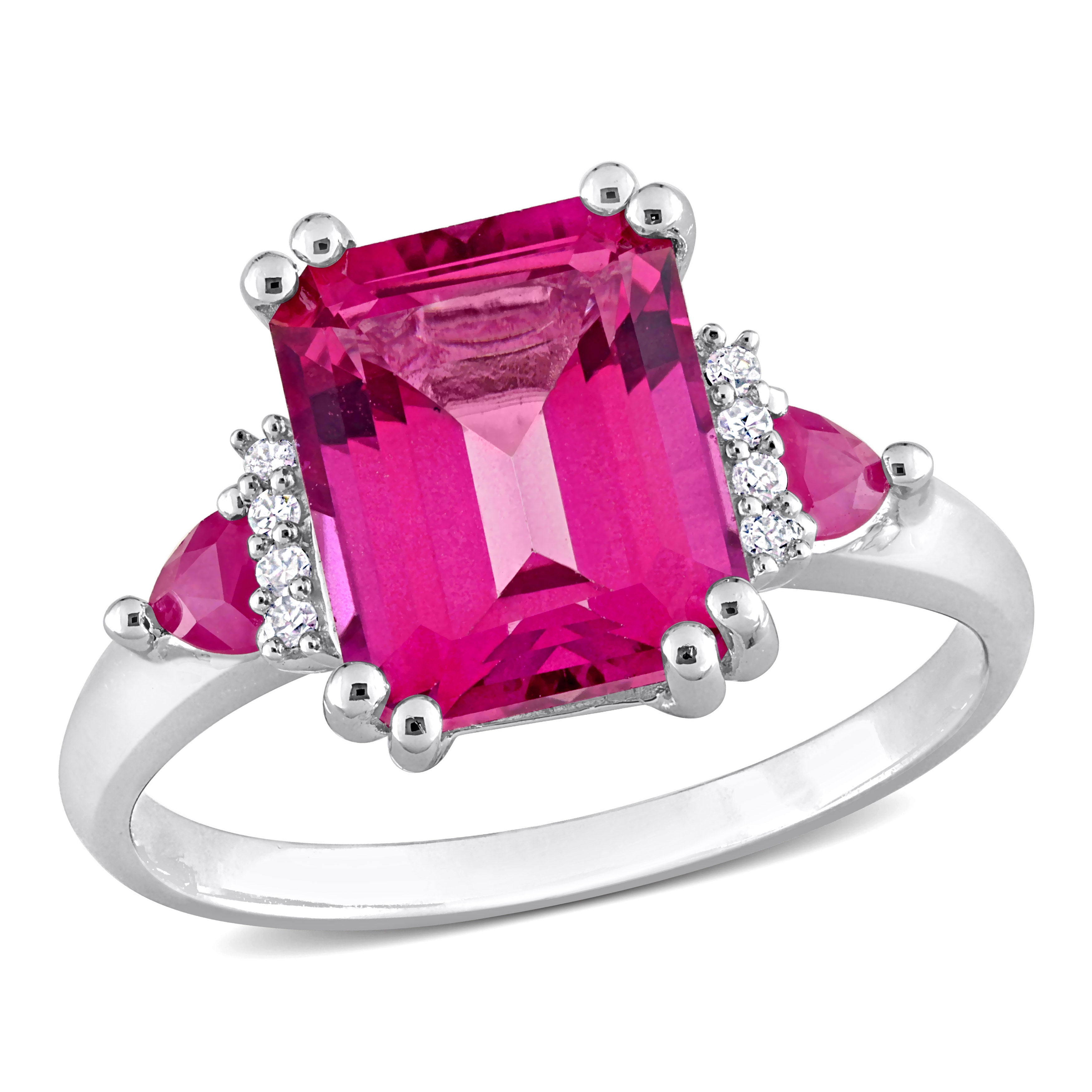 Pink topaz and ruby three-stone ring in sterling silver by Lord & Taylor, top view