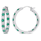 Emerald and white sapphire sterling silver hoop earrings, front view by Lord & Taylor