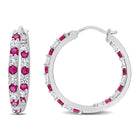 Ruby and white sapphire sterling silver hoop earrings, front view by Lord & Taylor
