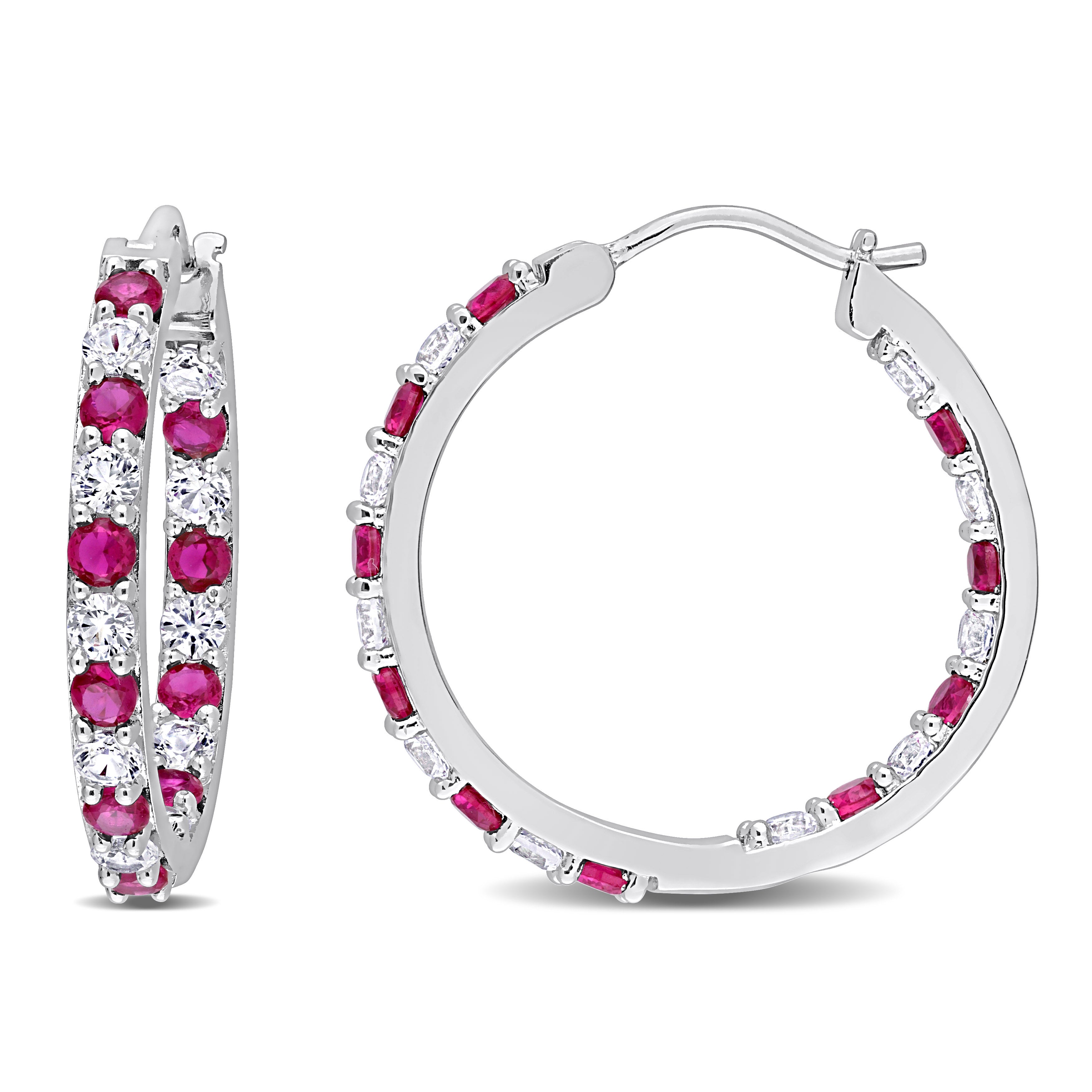 Ruby and white sapphire sterling silver hoop earrings, front view by Lord & Taylor