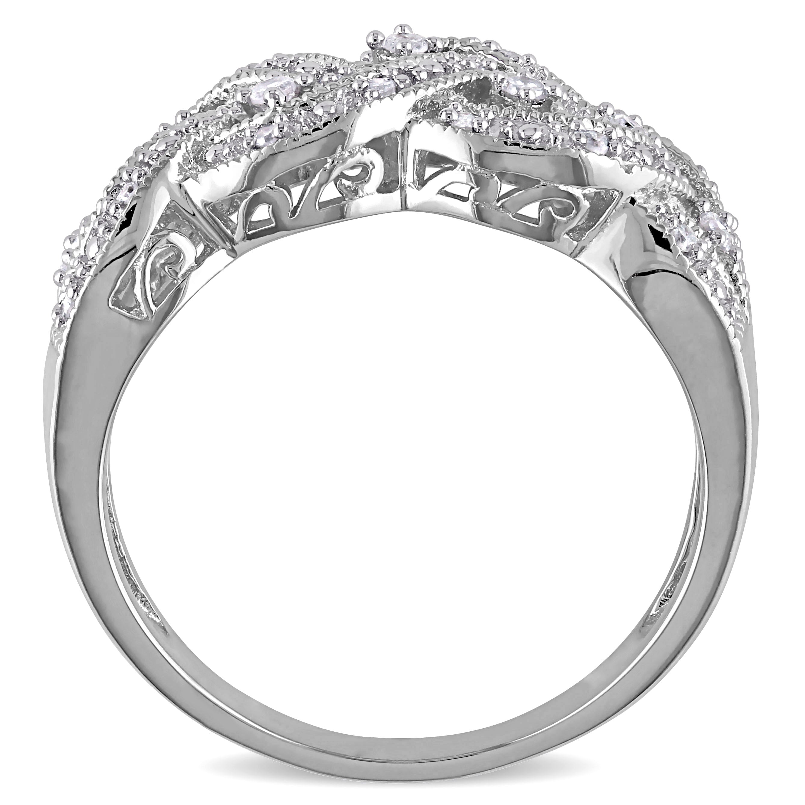 Sterling silver diamond braided ring with interwoven pattern, top view by Lord & Taylor