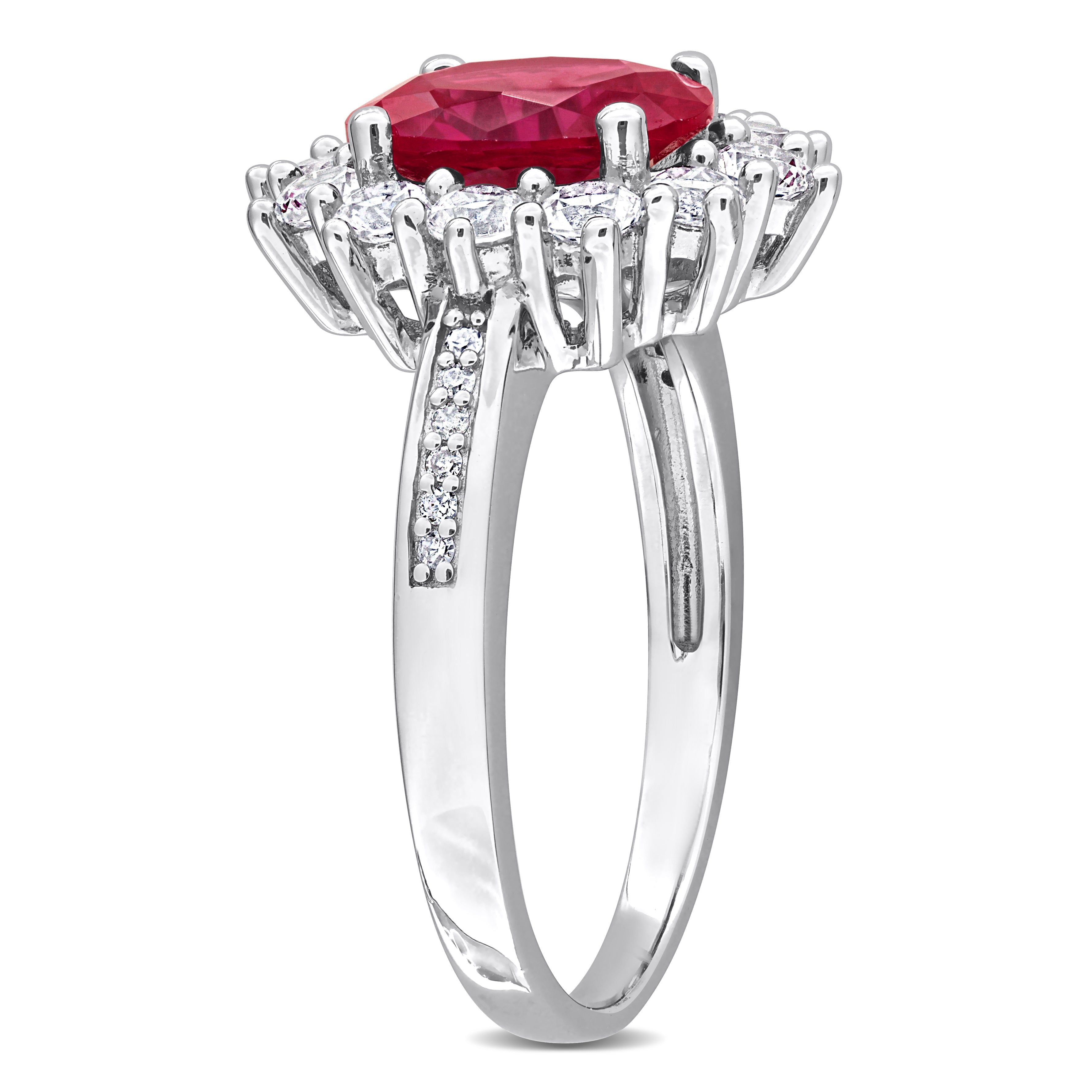 Sterling silver cocktail ring with oval ruby center stone, side profile view by Lord & Taylor