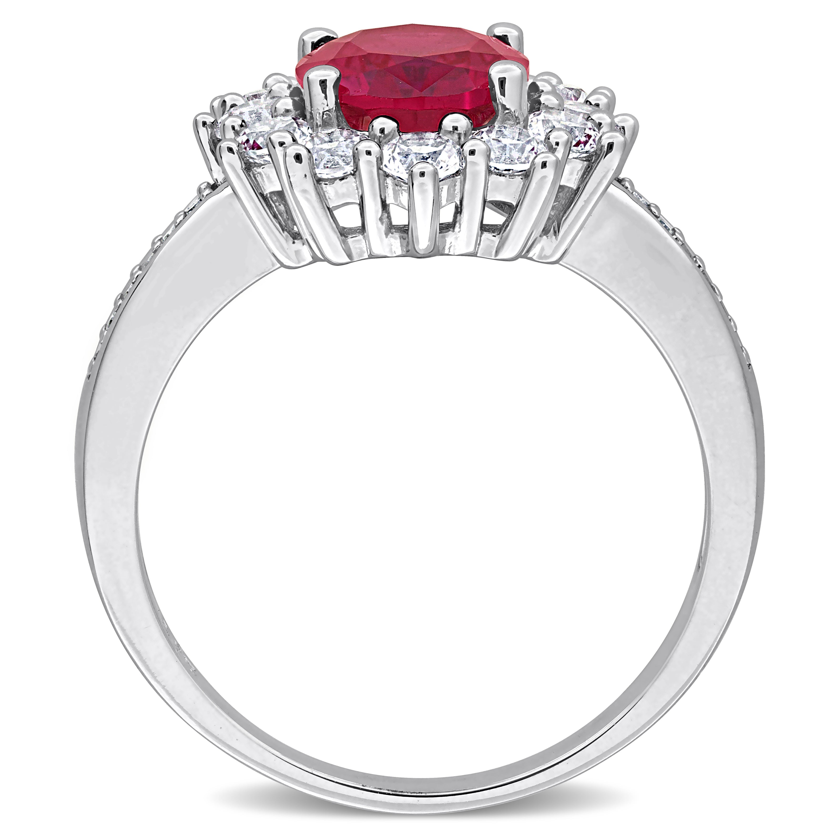 Created ruby and white sapphire halo ring in sterling silver, angled view by Lord & Taylor
