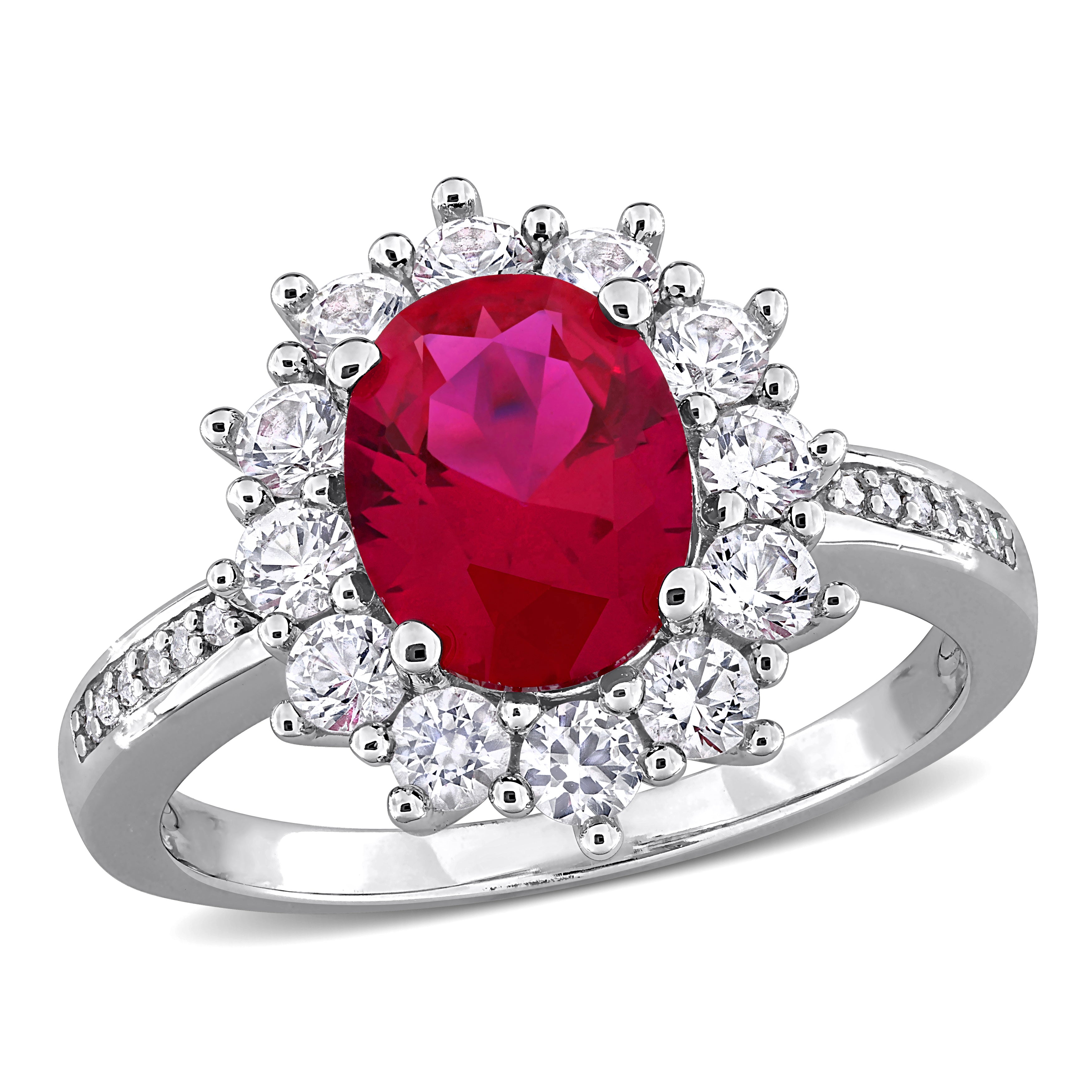 Red created ruby cocktail ring with white sapphire halo in sterling silver, top view by Lord & Taylor