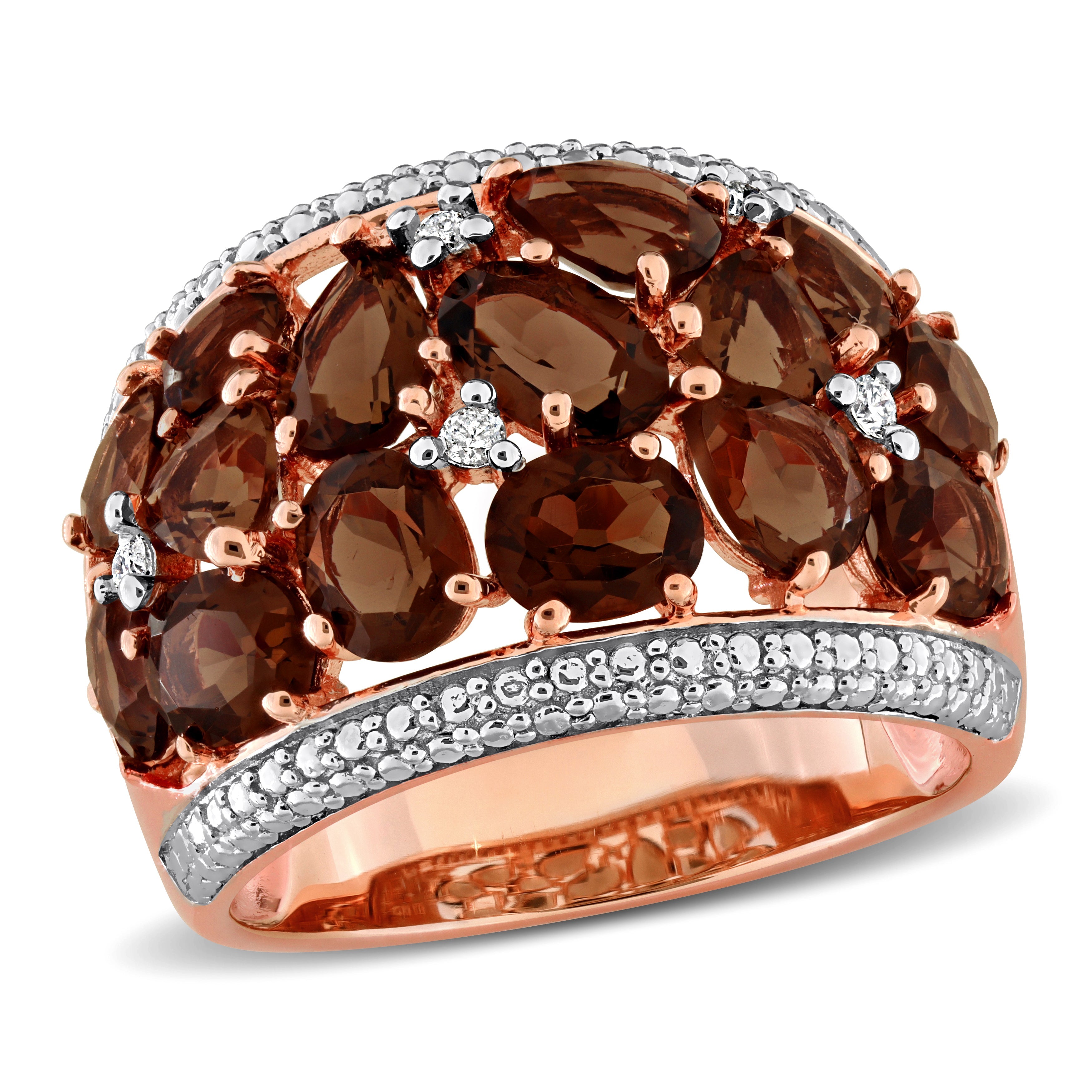 Smokey quartz gemstone cocktail ring in rose-tone sterling silver, front view