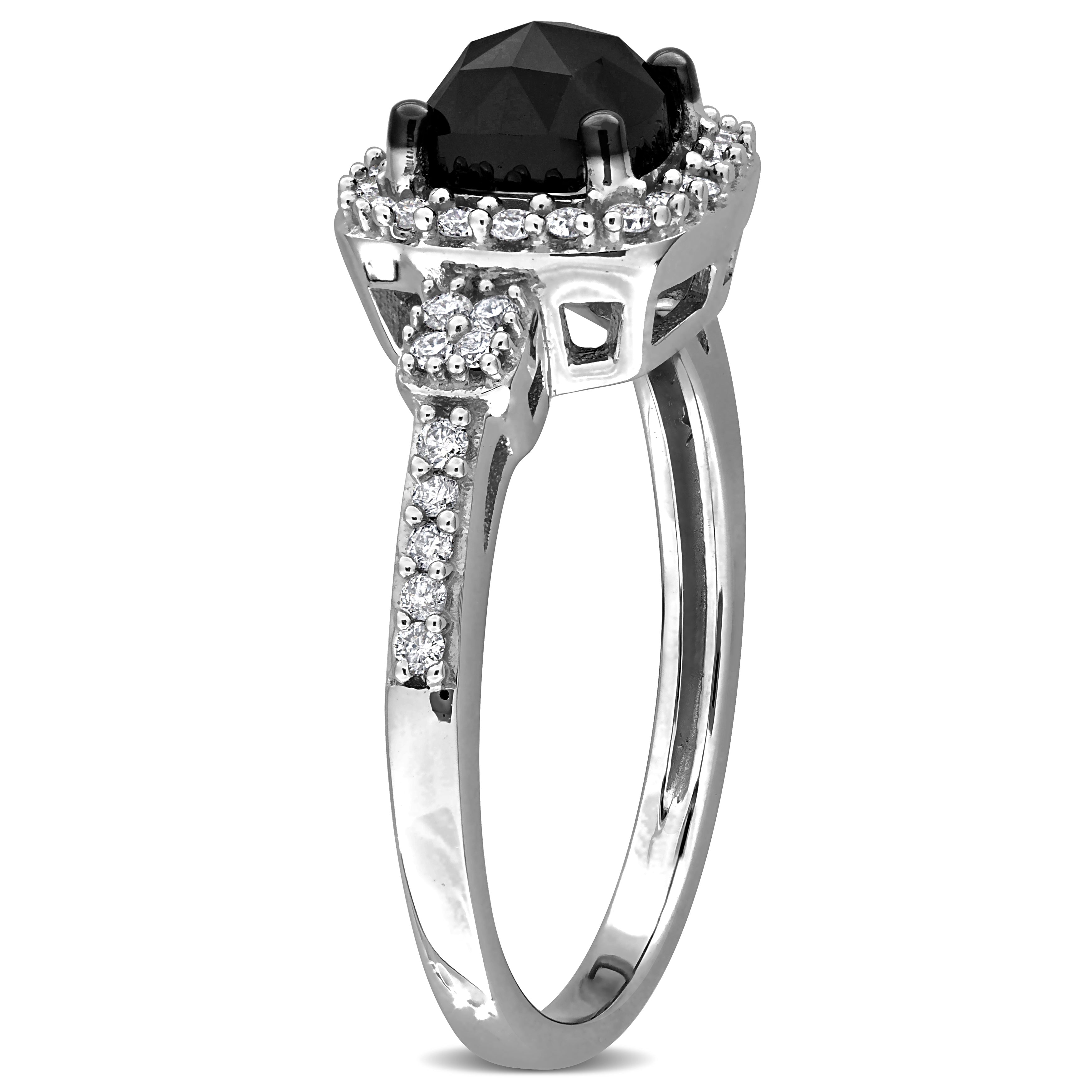 White gold halo ring with cushion-cut black diamond, side profile by Lord & Taylor