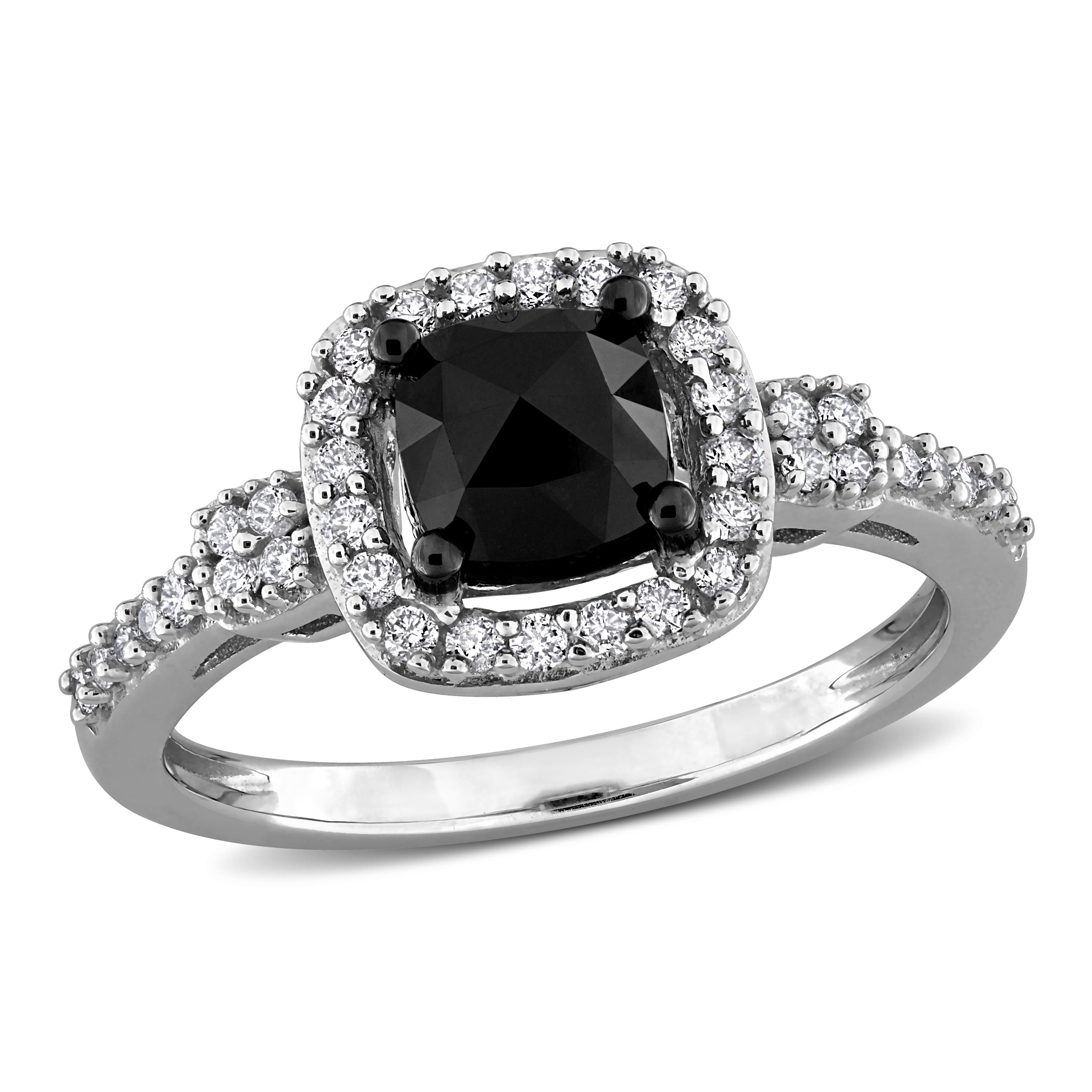 Black diamond engagement ring with white diamond halo in 14k white gold, front view by Lord & Taylor