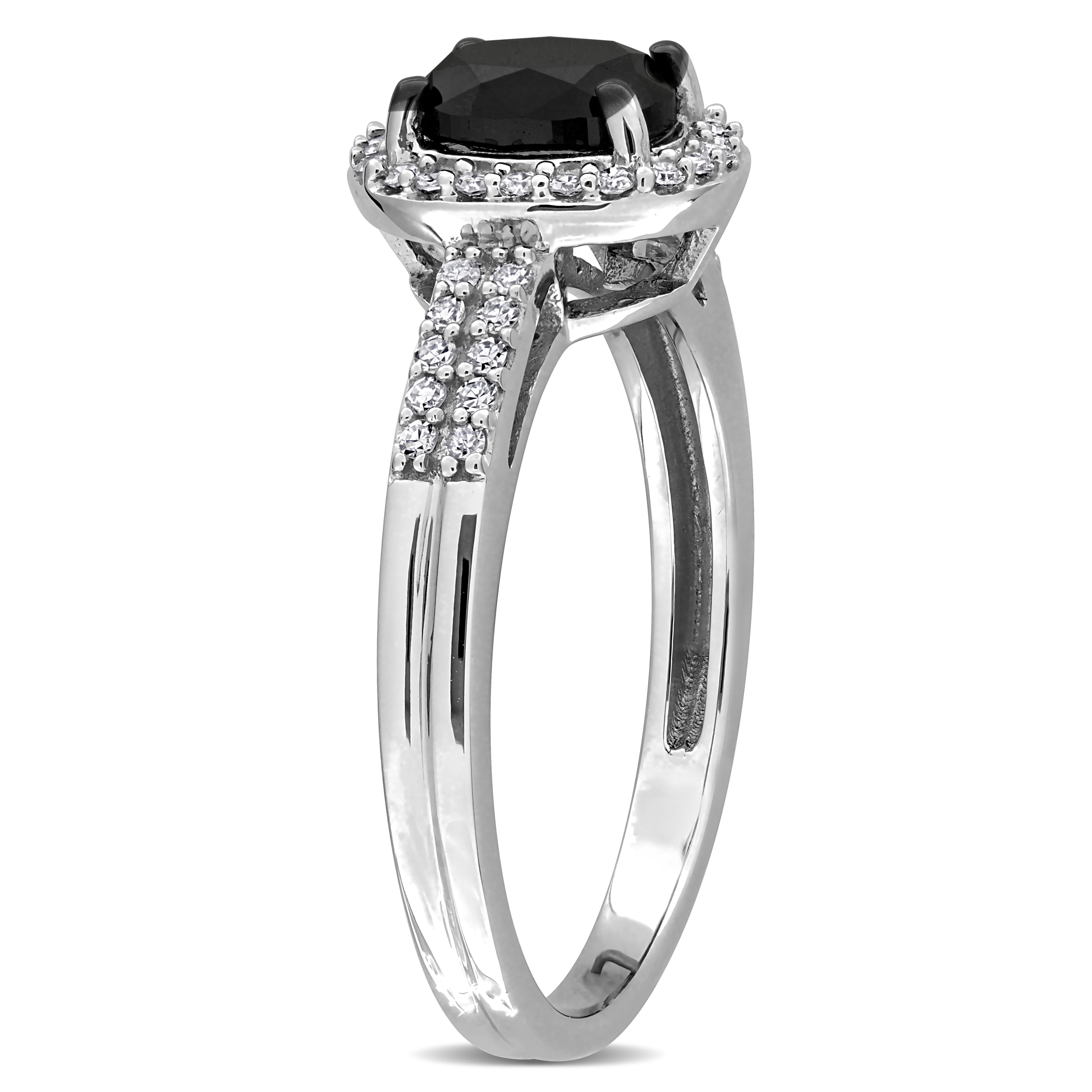 White gold oval halo engagement ring with black diamond by Delmar, back view