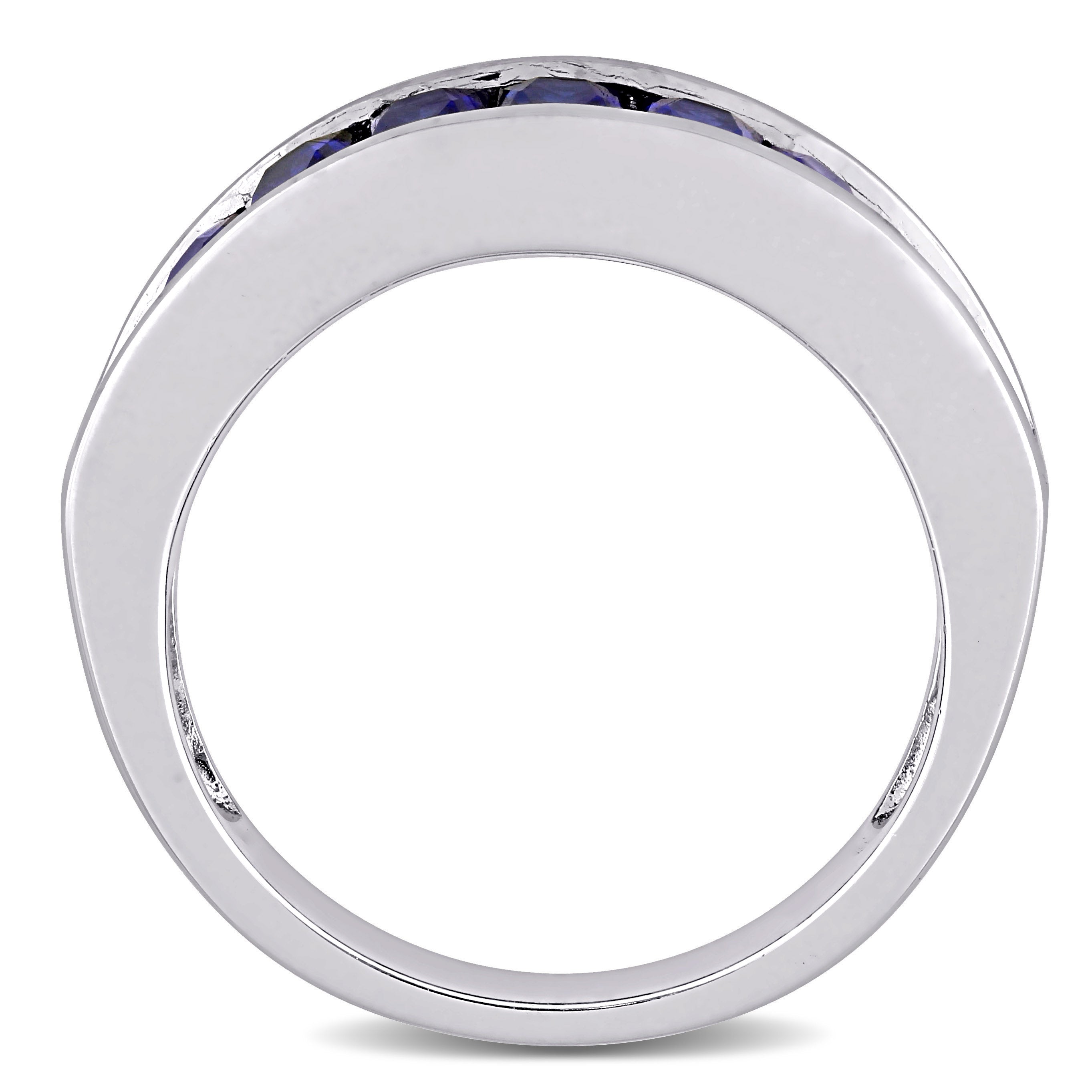 Blue sapphire sterling silver band, angled view of baguette stones