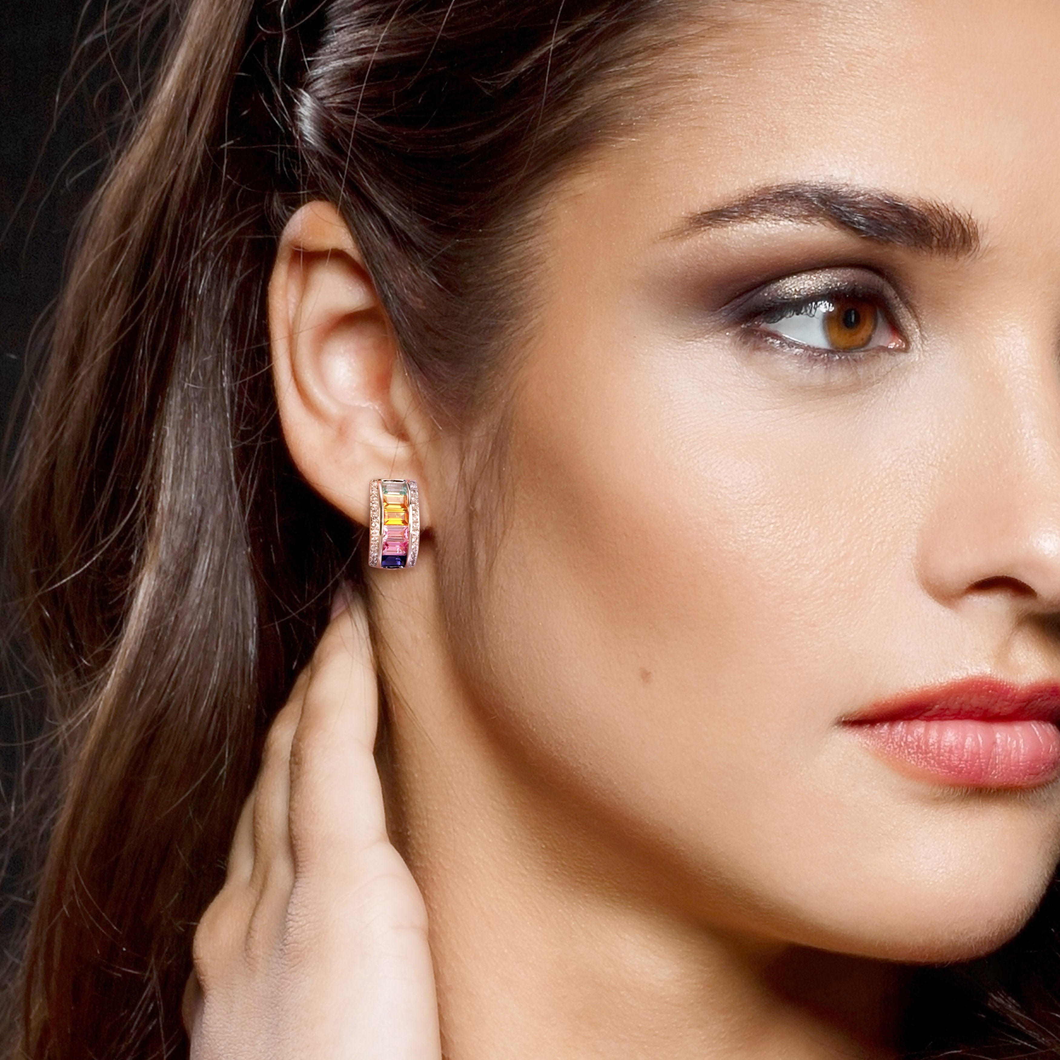 Multicolor created sapphire sterling silver hoop earrings worn, lifestyle view by Lord & Taylor